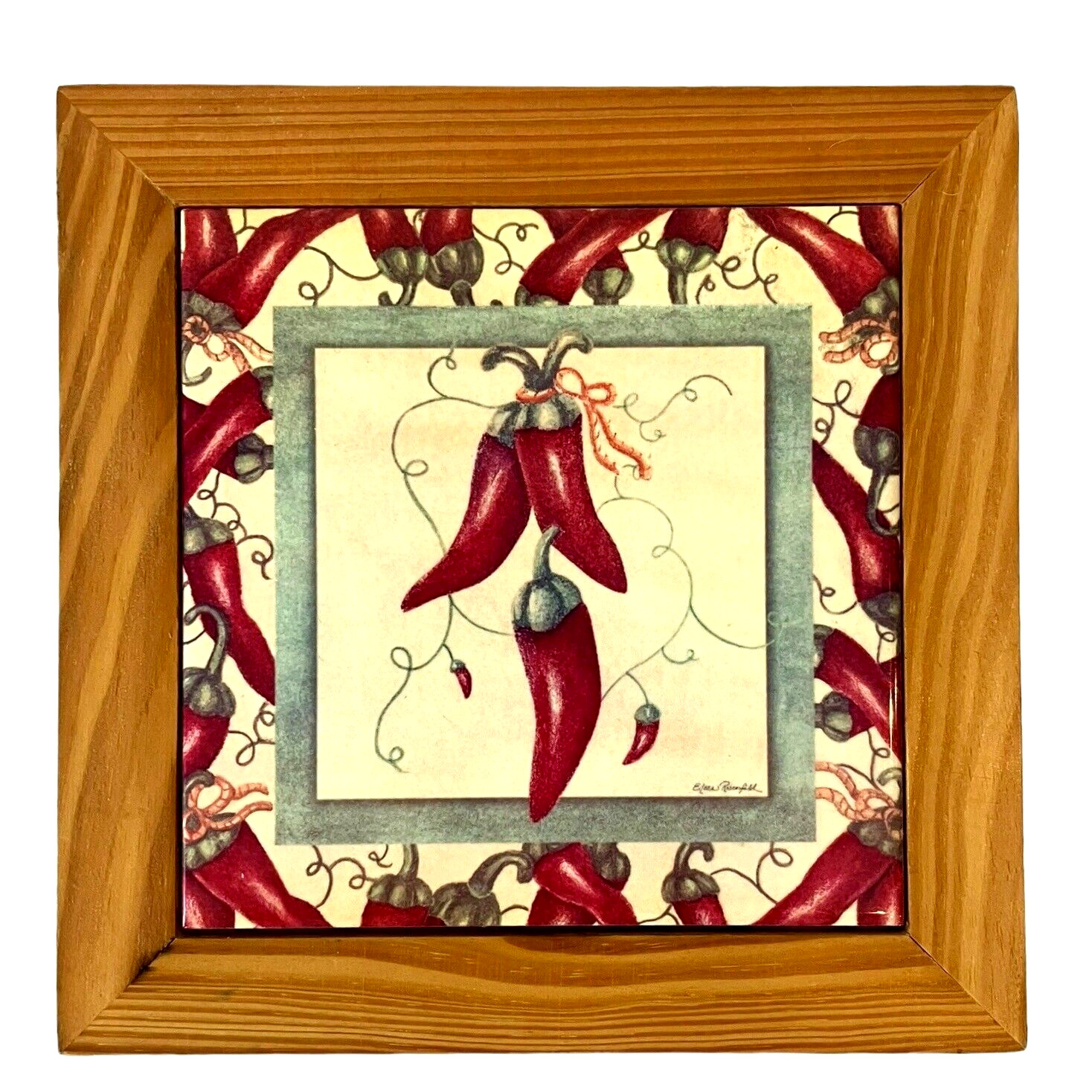 Chili Pepper TILE TRIVET/Hot Plate Wood Frame WALL ART by Eileen Rosenfeld