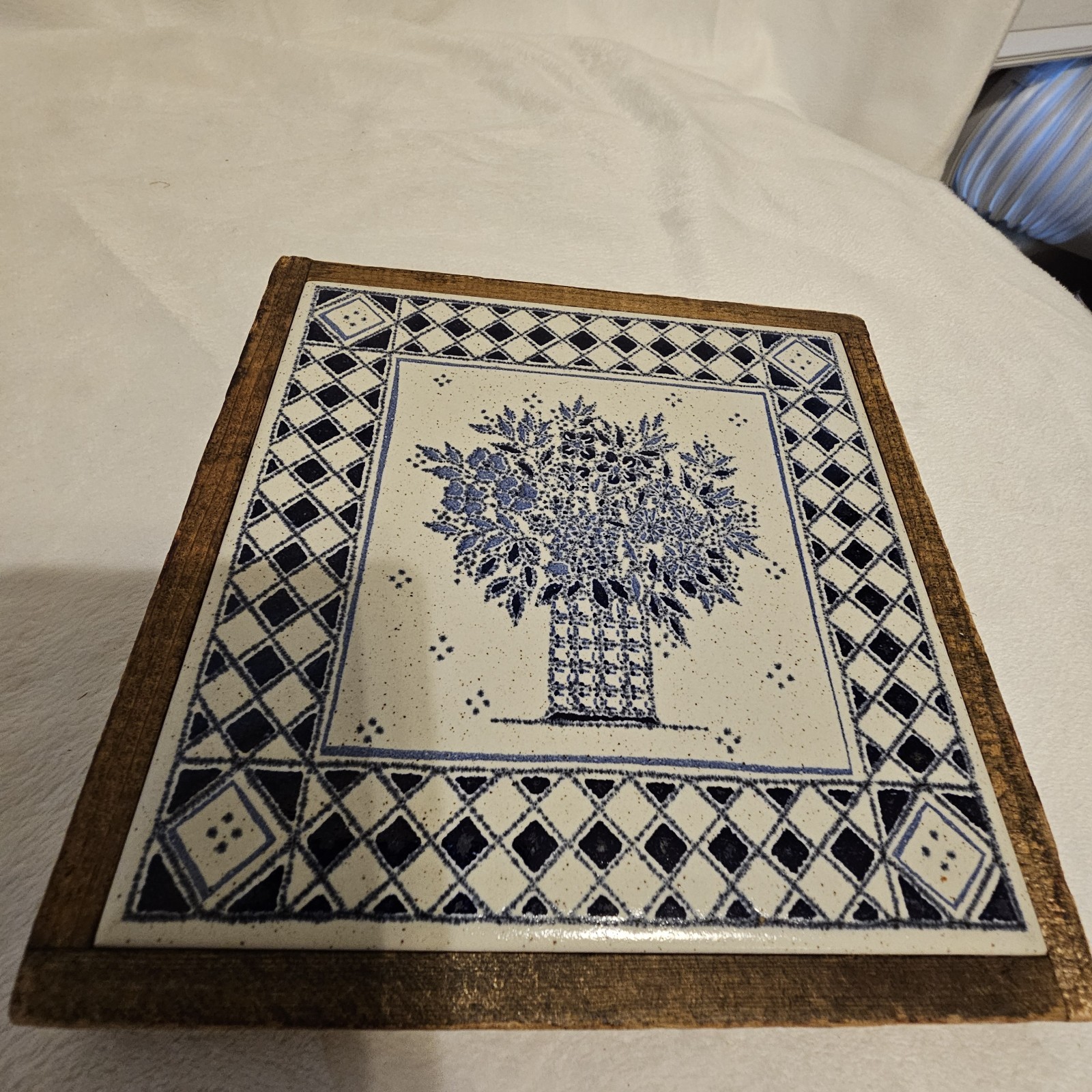 Vintage Ceramic Blue White Italian Tile Trivet Wall Art With Wood Frame Italy