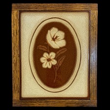 MCM Wood Framed Tile Trivet Floral Made In The USA Large VTG Wall Art 12” X9”
