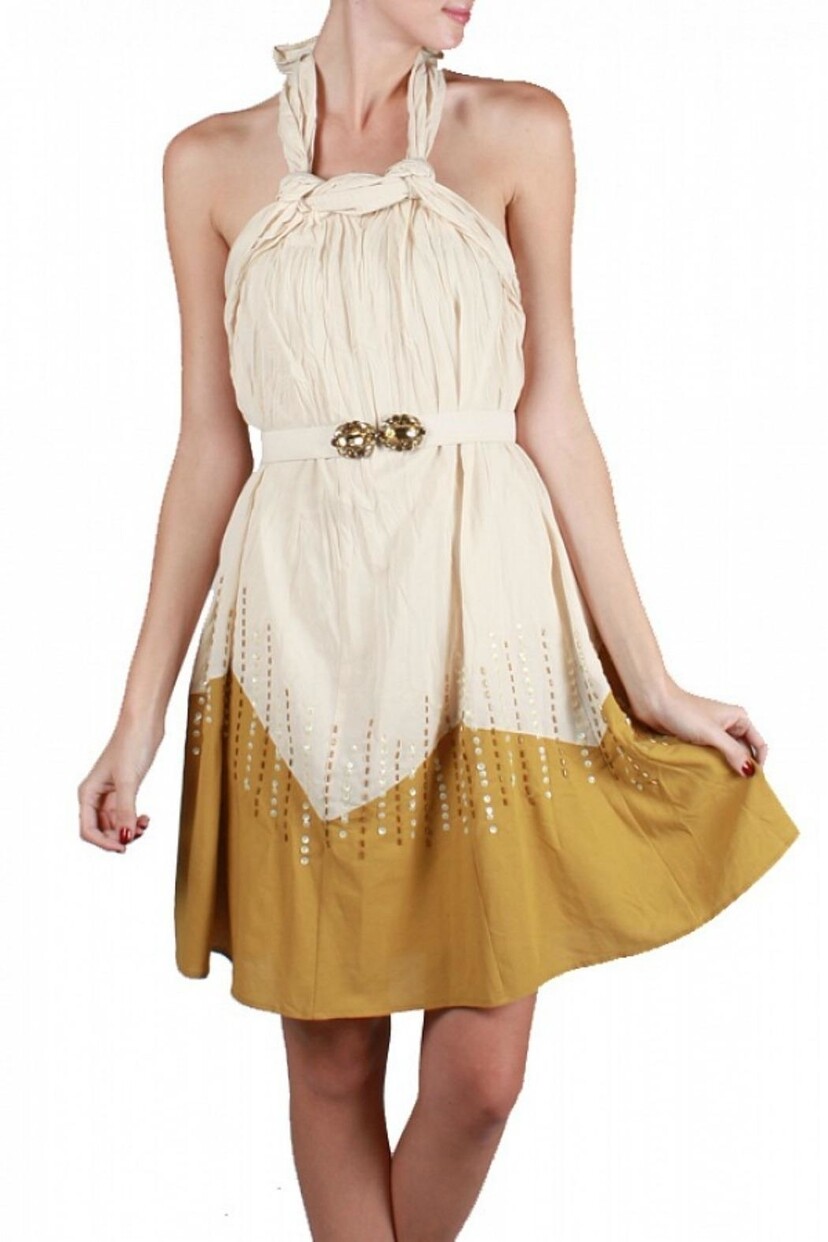 Anthropologie Vintage Inspire Style Beige Mustard Halter Dress S M L