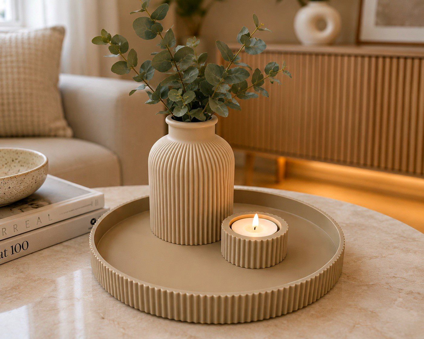 Modern Ribbed Decorative Tray Set | Vase & Tealight Holder | Minimalist Decor
