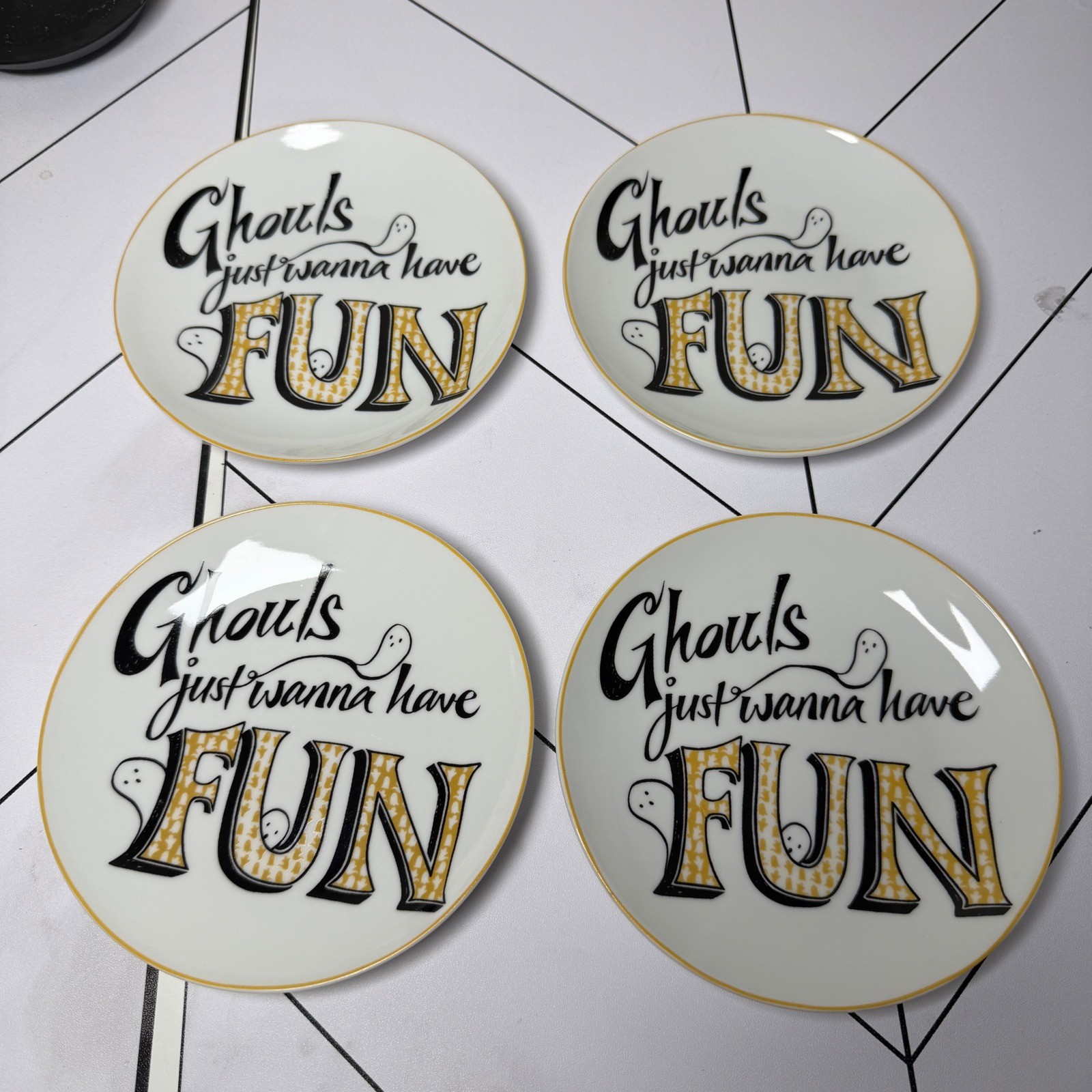 222 Fifth Ghouls Appetizer Plates Set of 4 White Halloween Modern Ghost Decor