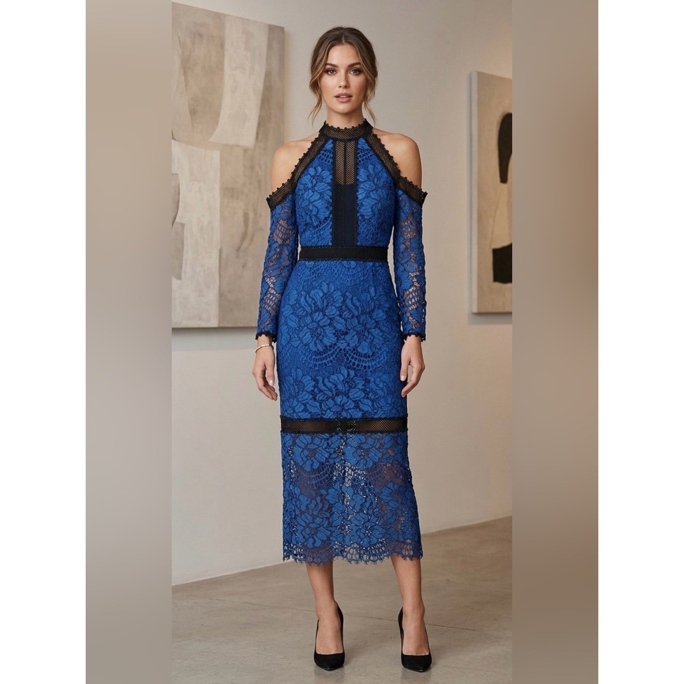 Royal Blue Lace Cold-Shoulder Midi Dress
