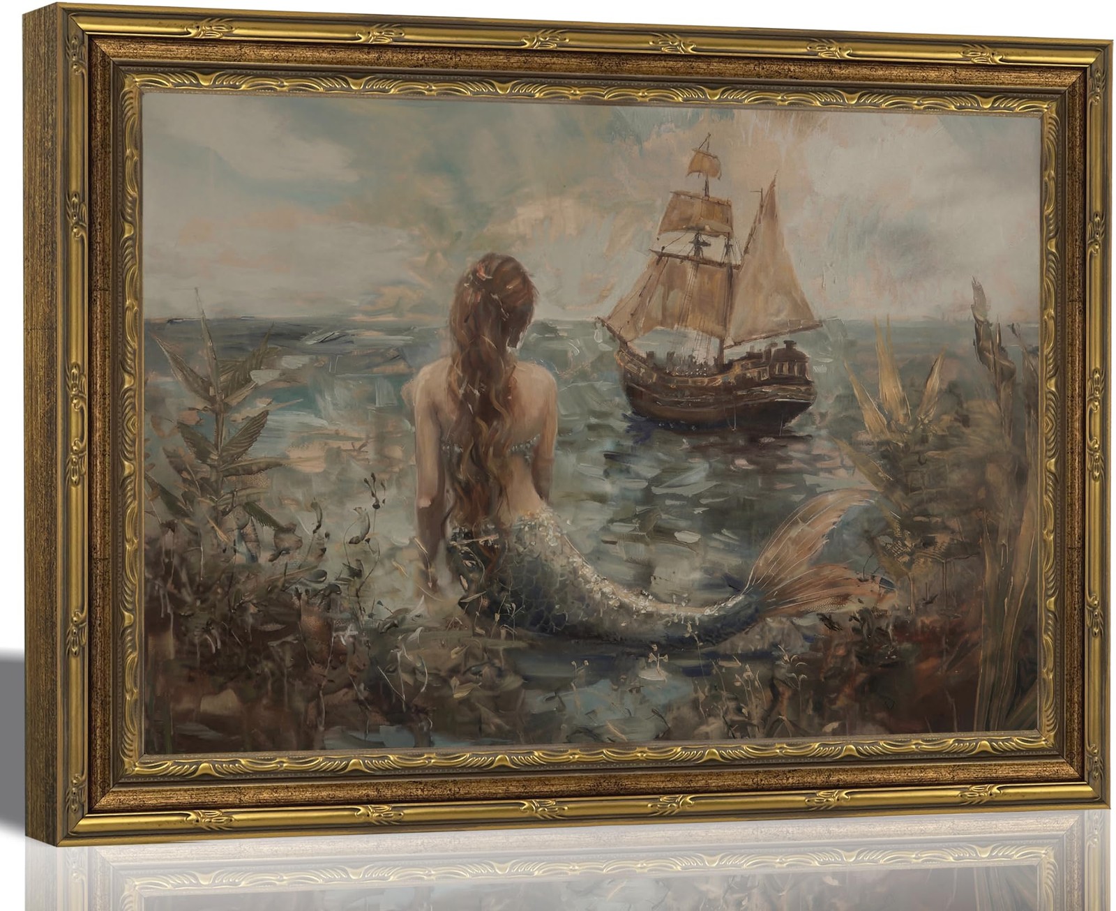 Vintage Mermaid Canvas Wall Art, Framed Nautical Ship Painting Picture Poster...