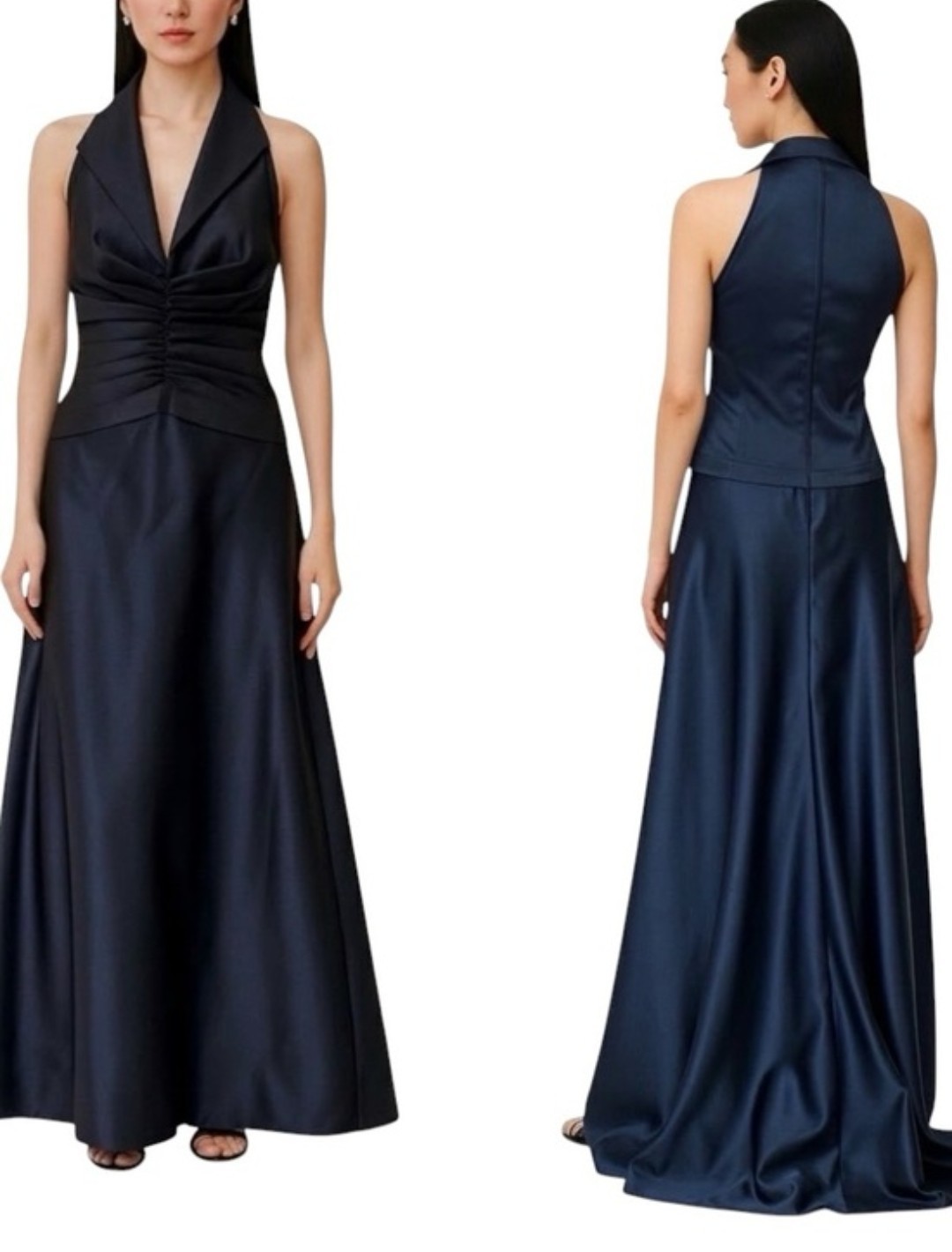 Vintage Tadashi Black Evening Gown Satin Look Tuxedo Collar Formal Dress Women's