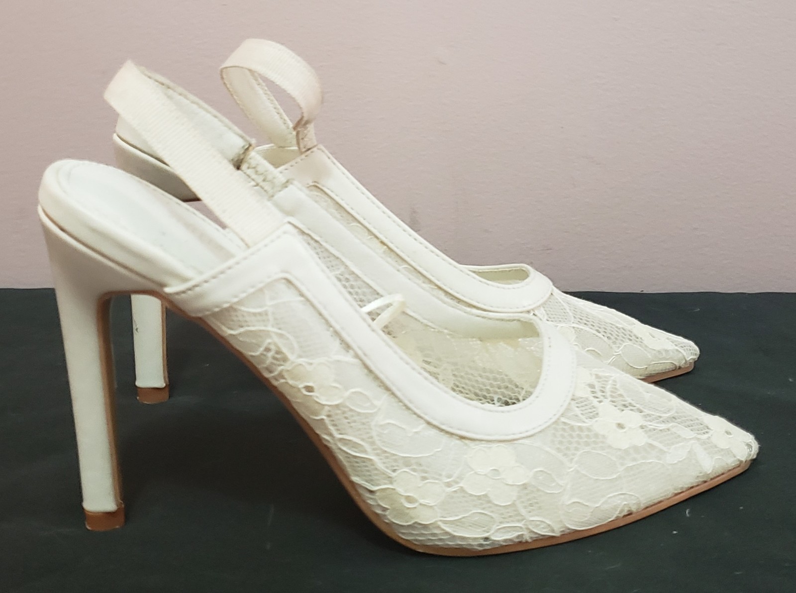 White Lace Slingback Heels Pointed Toe Stiletto Wedding Shoes Streetwear Society
