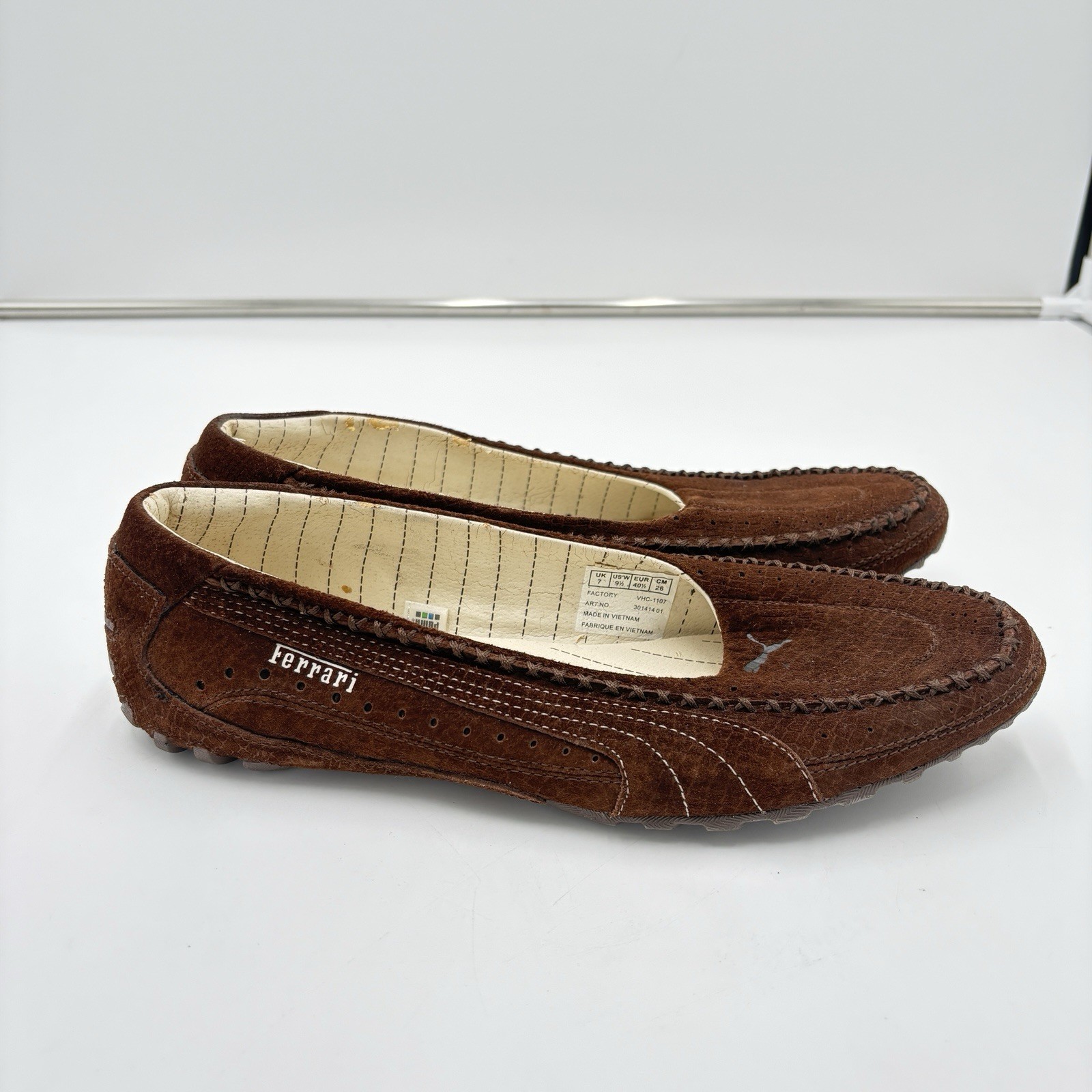 Vintage Y2K Puma Ferrari Flats Slip Ons Streetwear Balletcore Brown Suede Sz 9.5