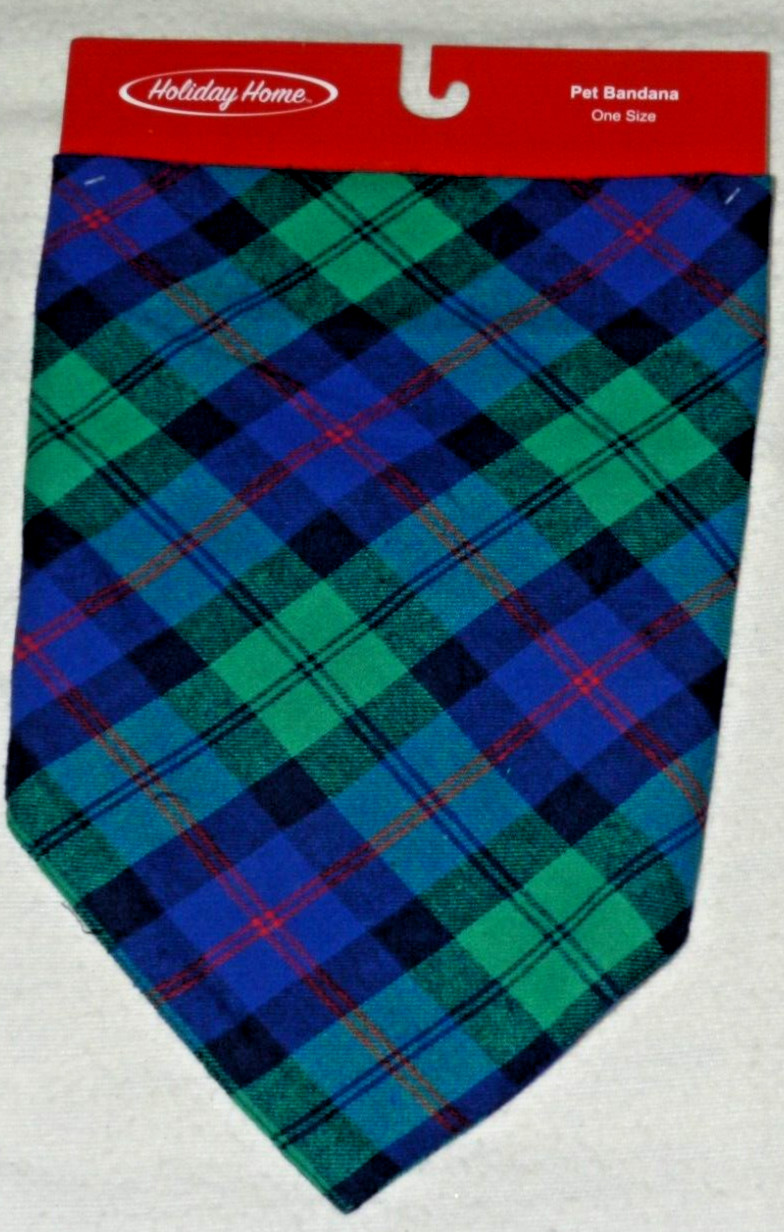 Holiday Home pet 100% Cotton Bandana~blue/green/red plaid, for M-L dogs; NWT