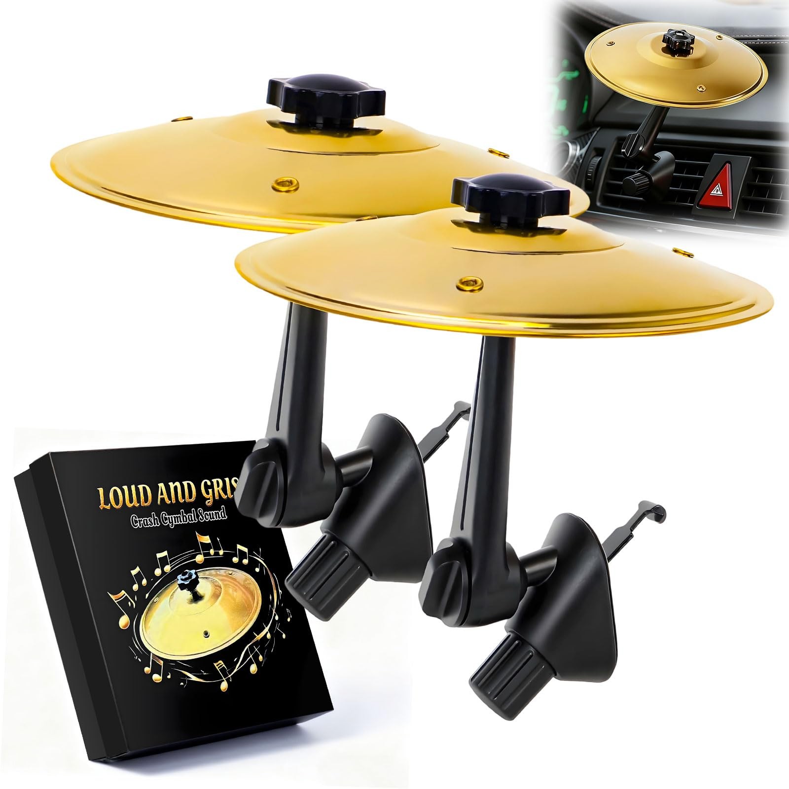 2 Pack Gold Mini Drum Cymbal Car Air Vent Clip, Fun Driving Gadget for 