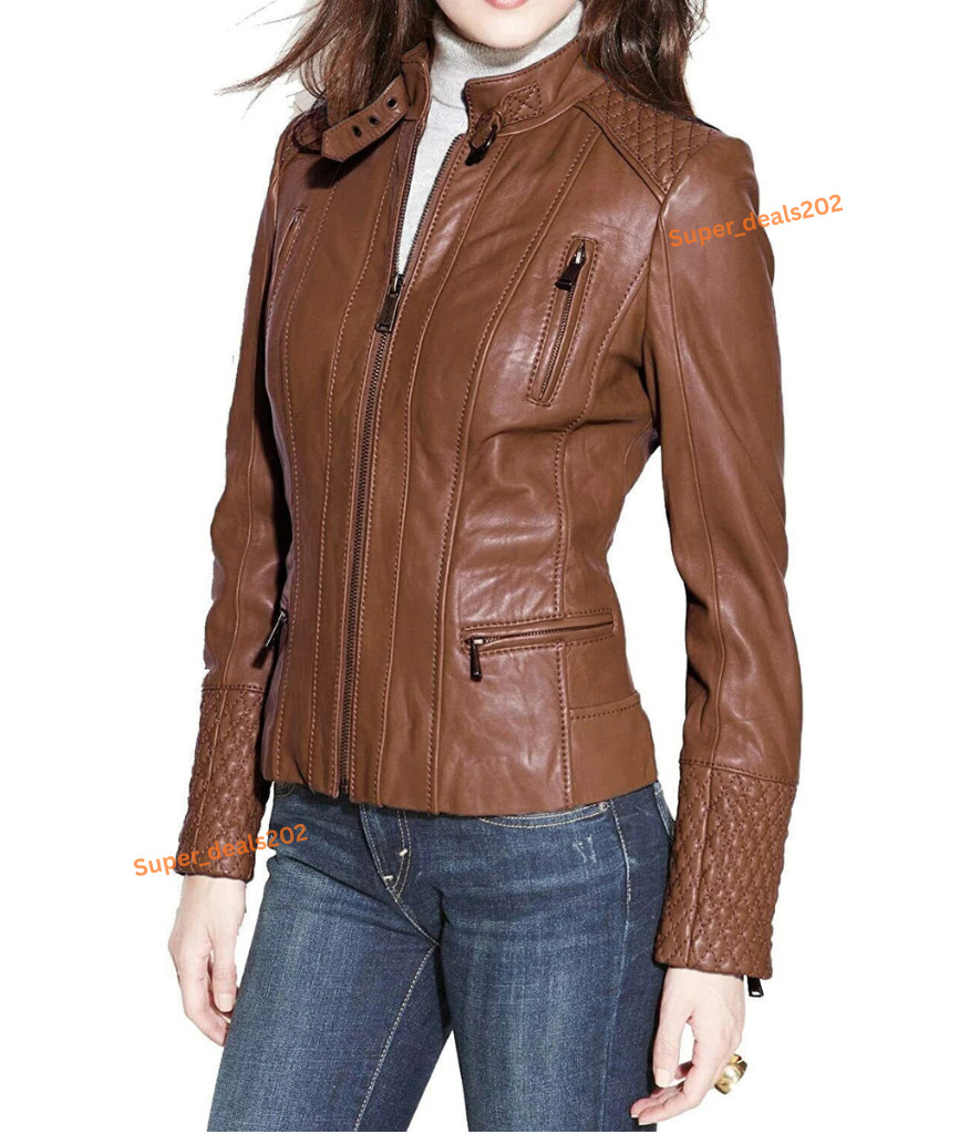Womens Brown Leather Biker Moto Jacket Slim Fit Outerwear Casual Style Outfit
