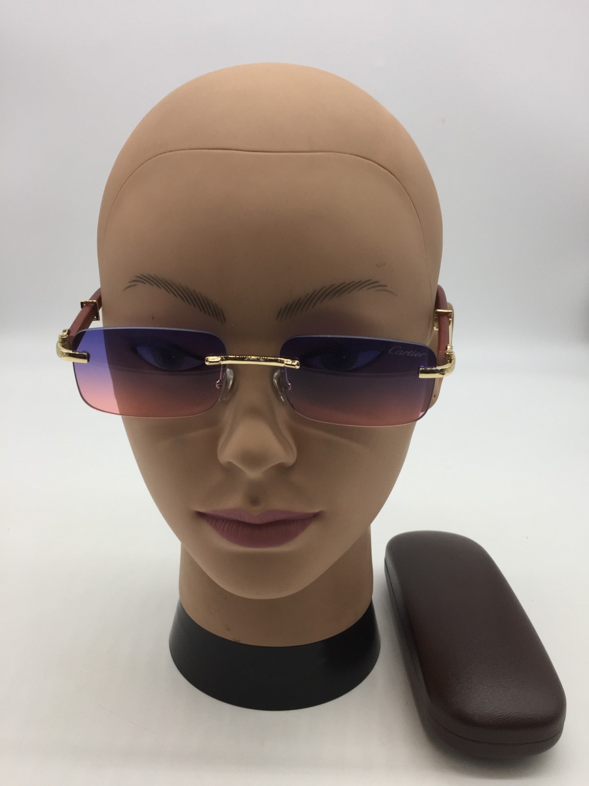 Cartier Gold/Brown Rimless Trendy Fashion Sunglasses 61-14-145 Blue/Pink Lens