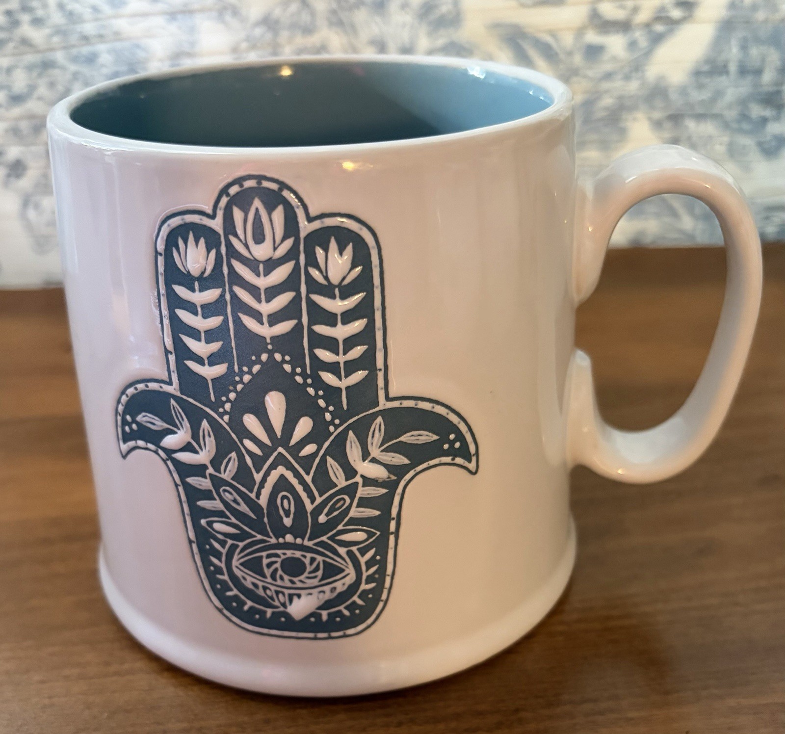 White Blue Ceramic Coffee Mug 14 fl oz Hamsa Hand Design Modern Decor