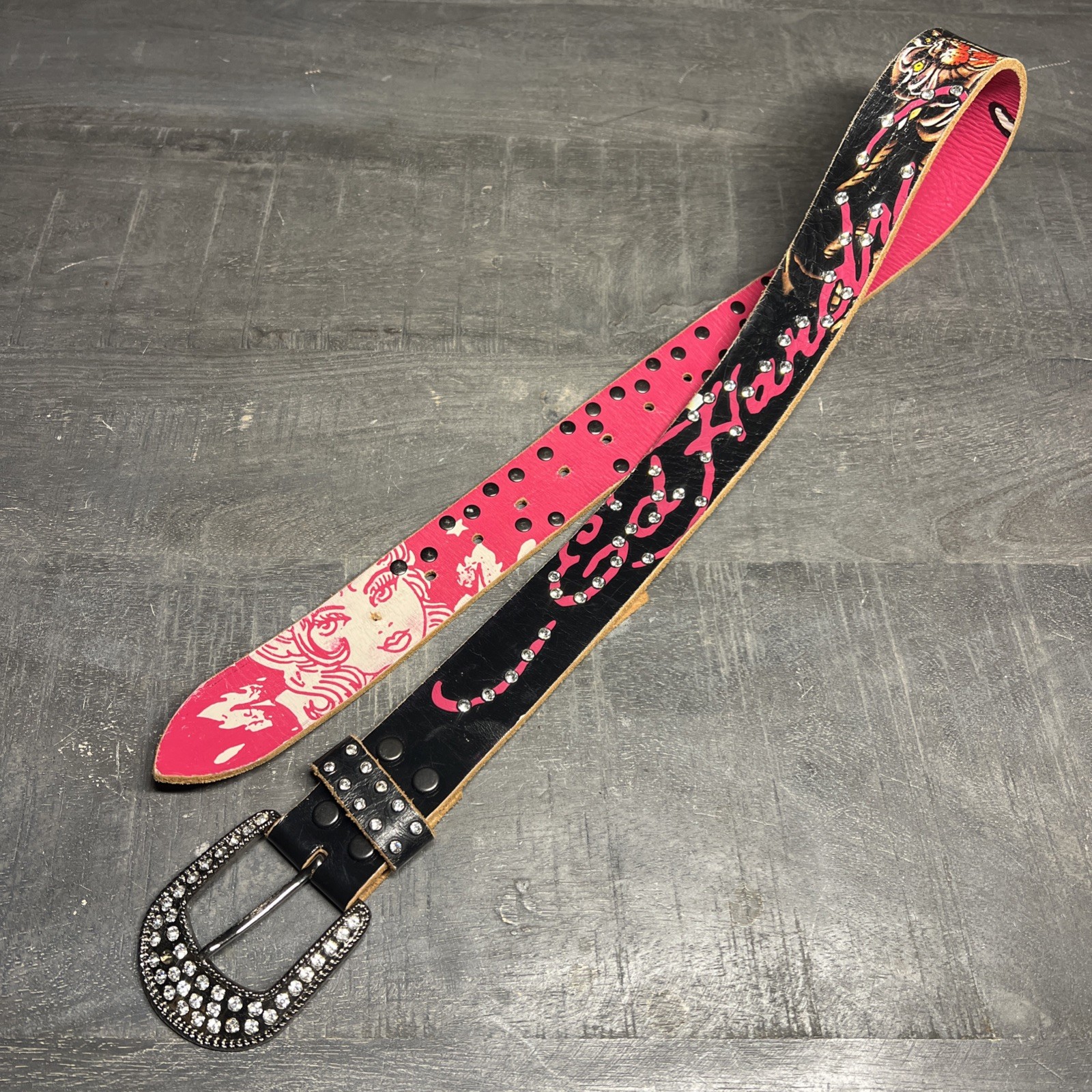 Ed Hardy Y2K Graphic Tiger Leather Belt Rhinestone Streetwear Small (30-36)
