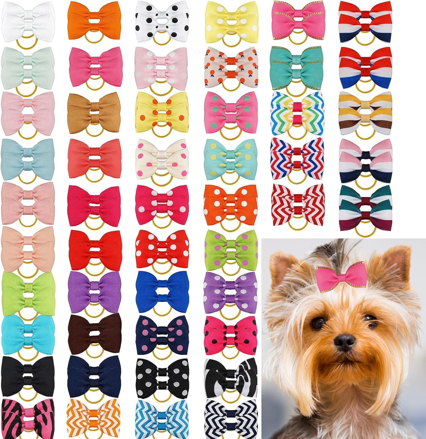 100PCS Cute Pet Grooming Accessories - Colored Polka Dot Hair Bows with Rubber B