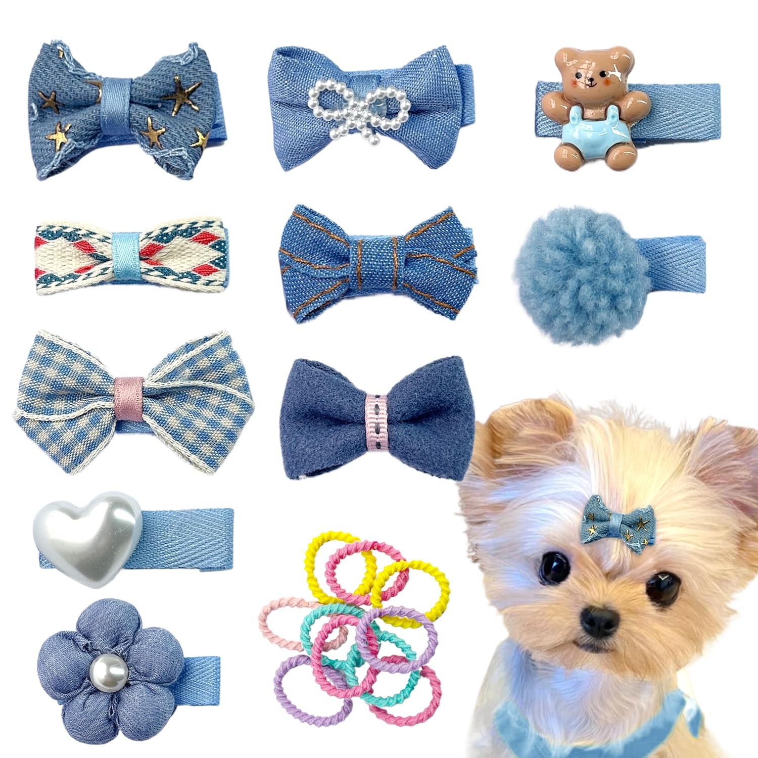Blue Dog Hair Clips and Bands Small Dog Bows Denim Cute Pet Grooming Alligato...