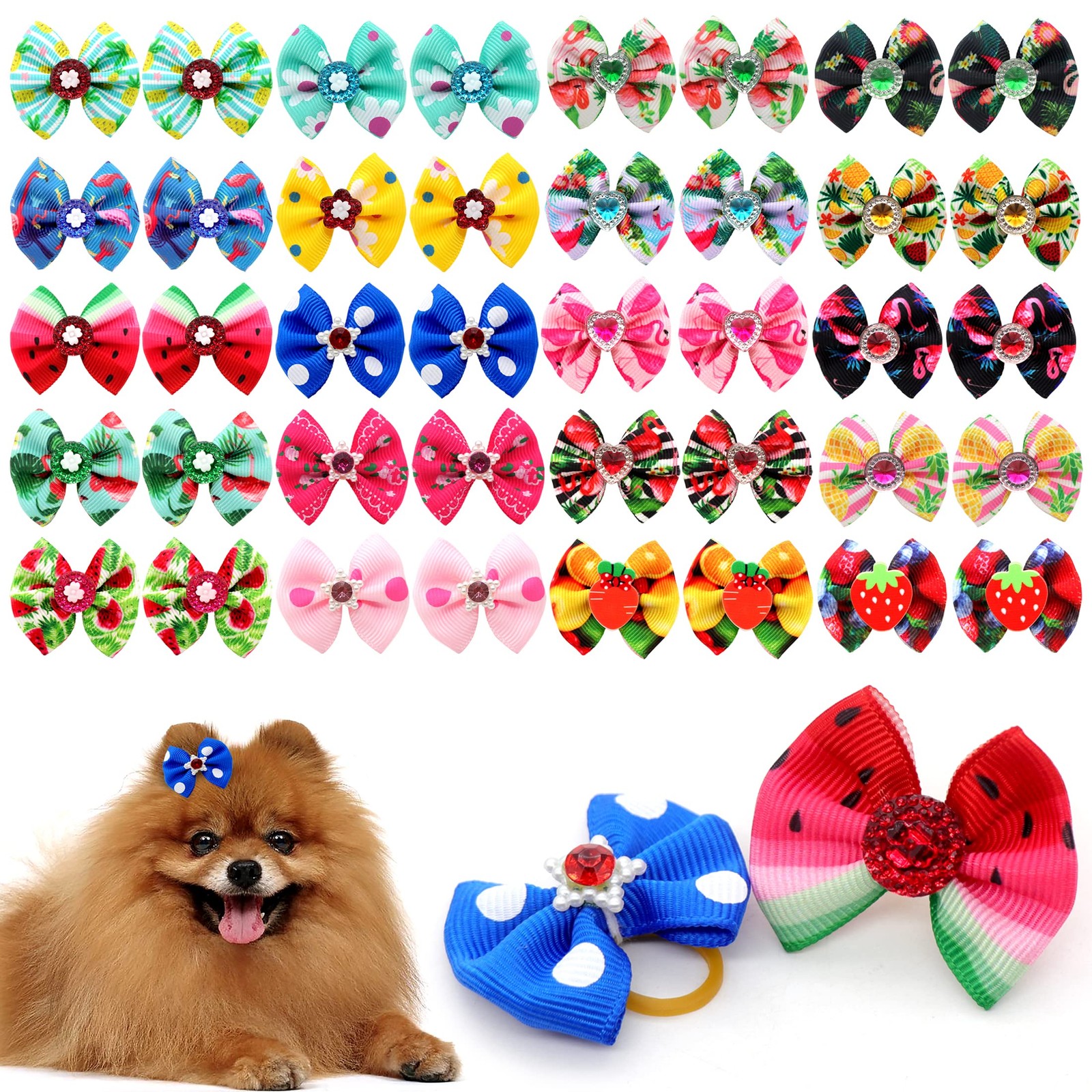 Christmas Dog Hair Bows - Cute Puppy Bowknots with Bands, Pet Grooming for Party
