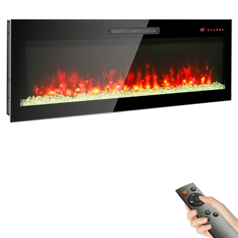 60" Electric Fireplace Recessed Ultra Thin Wall Mounted W/Crystal Log Decoration