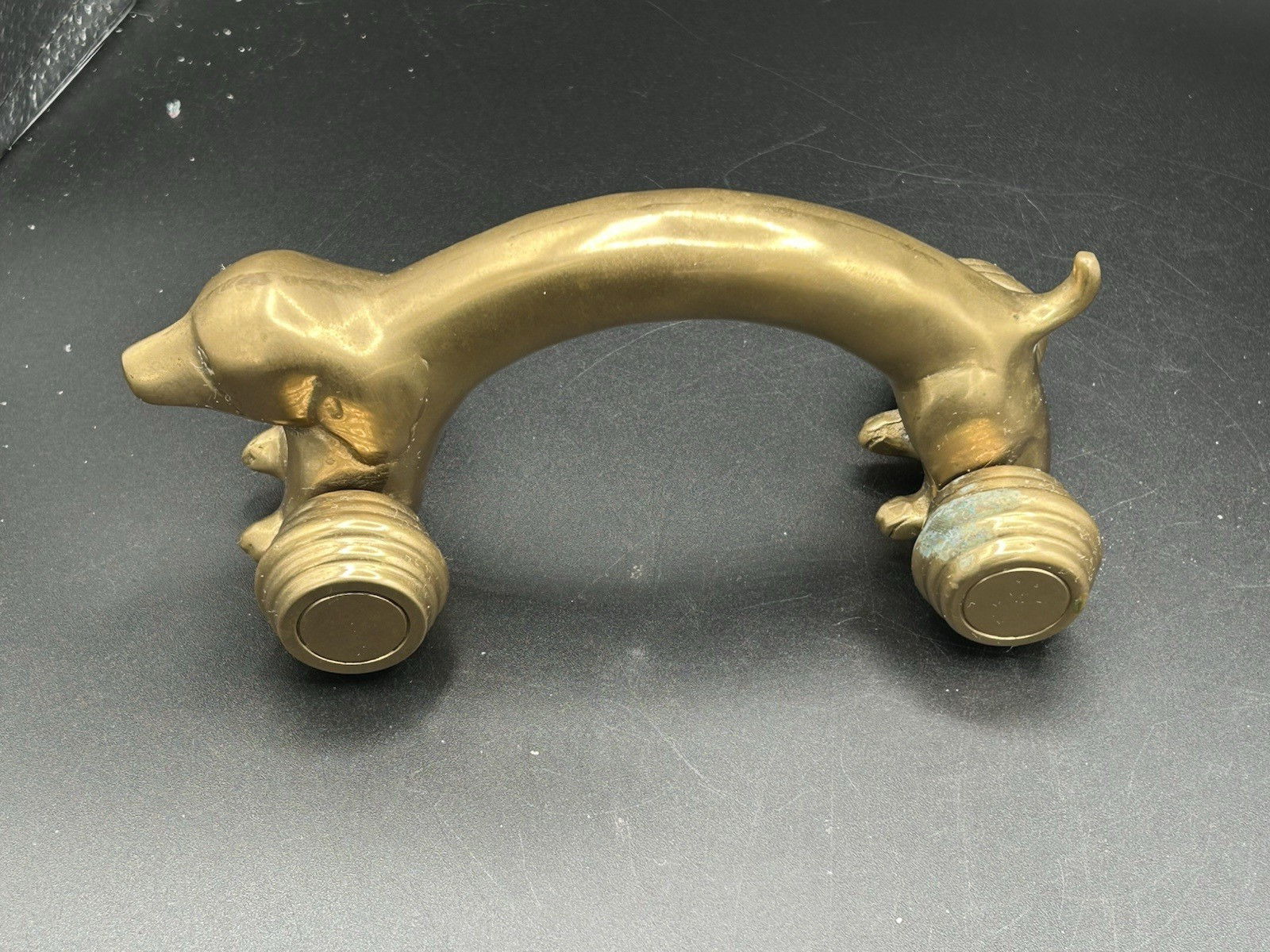 Vintage Brass Plate Dachshund Body Massager Roller Paper Weight Unique Gift 7"