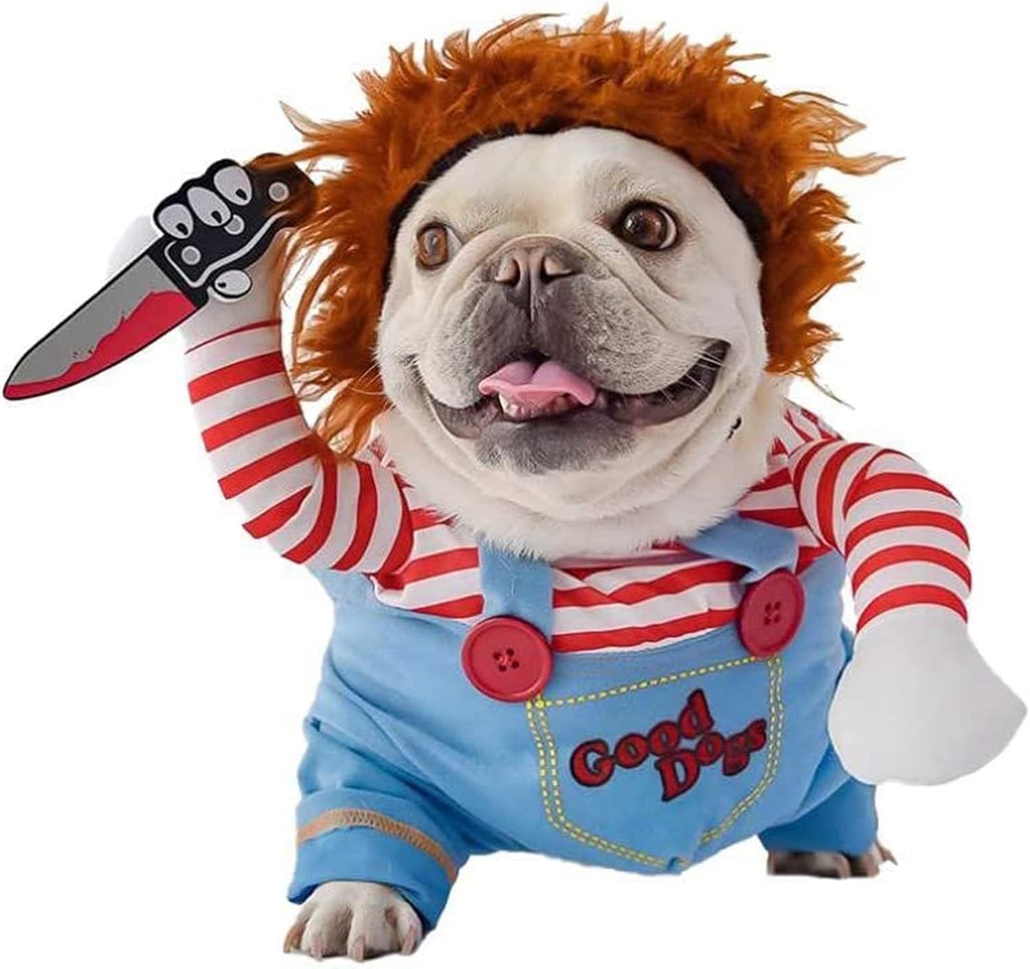 Pet Deadly Doll Dog Costume Halloween Funny Wig Good Dog Arms Knife Size LARGE