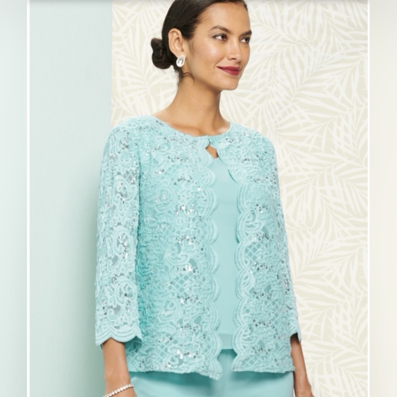 Alex Evenings Sequin Lace Chiffon Scallop Trim Round Neck 3/4 Sleeve Twinset 