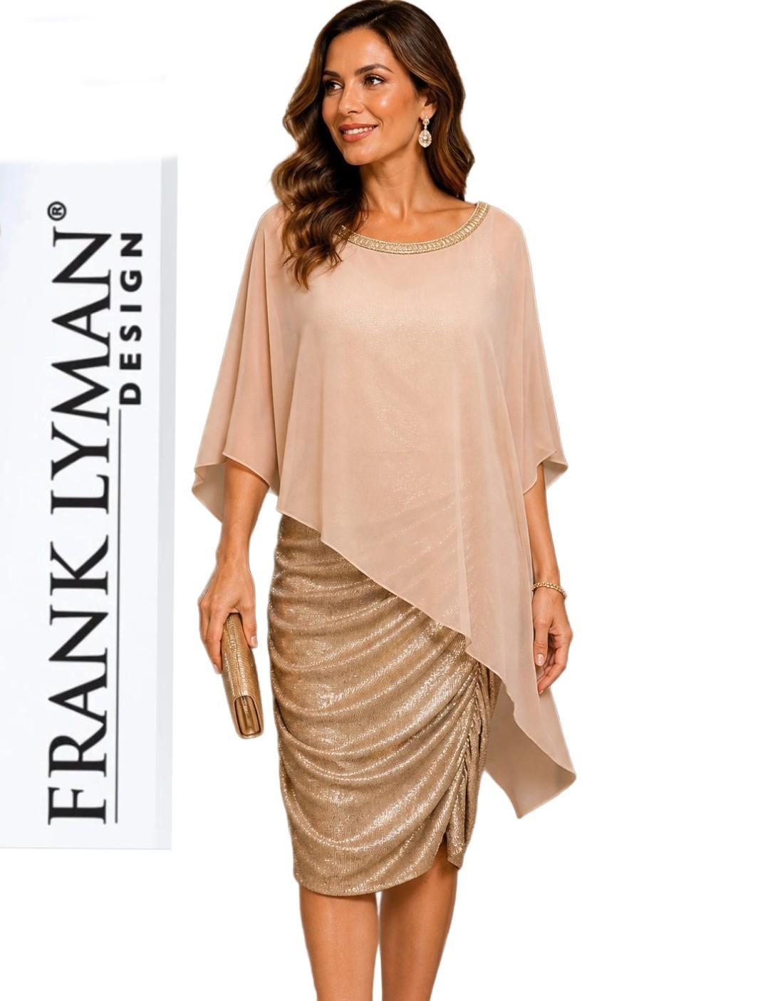 FRANK LYMAN Asymmetrical Chiffon Overlay Gold Bronze Tone Ruched Cocktail Dress