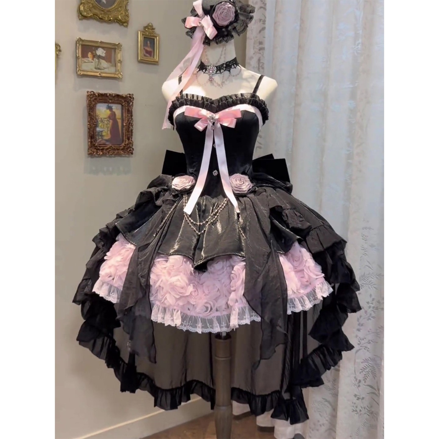 Pink-Black Lolita Dress Strap Puffy Skirt Coming-of-age Ceremony Evening Gown
