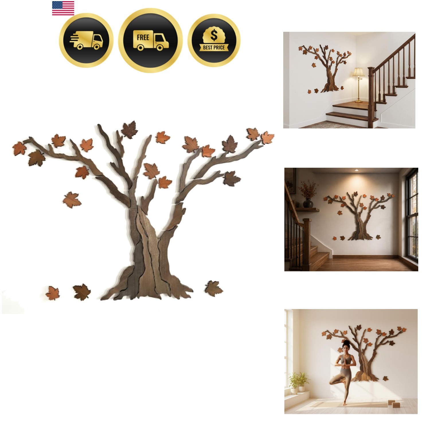 Handcrafted Wooden Maple Tree Wall Art, 59"x39" | Large Rustic Tree Sculpture...