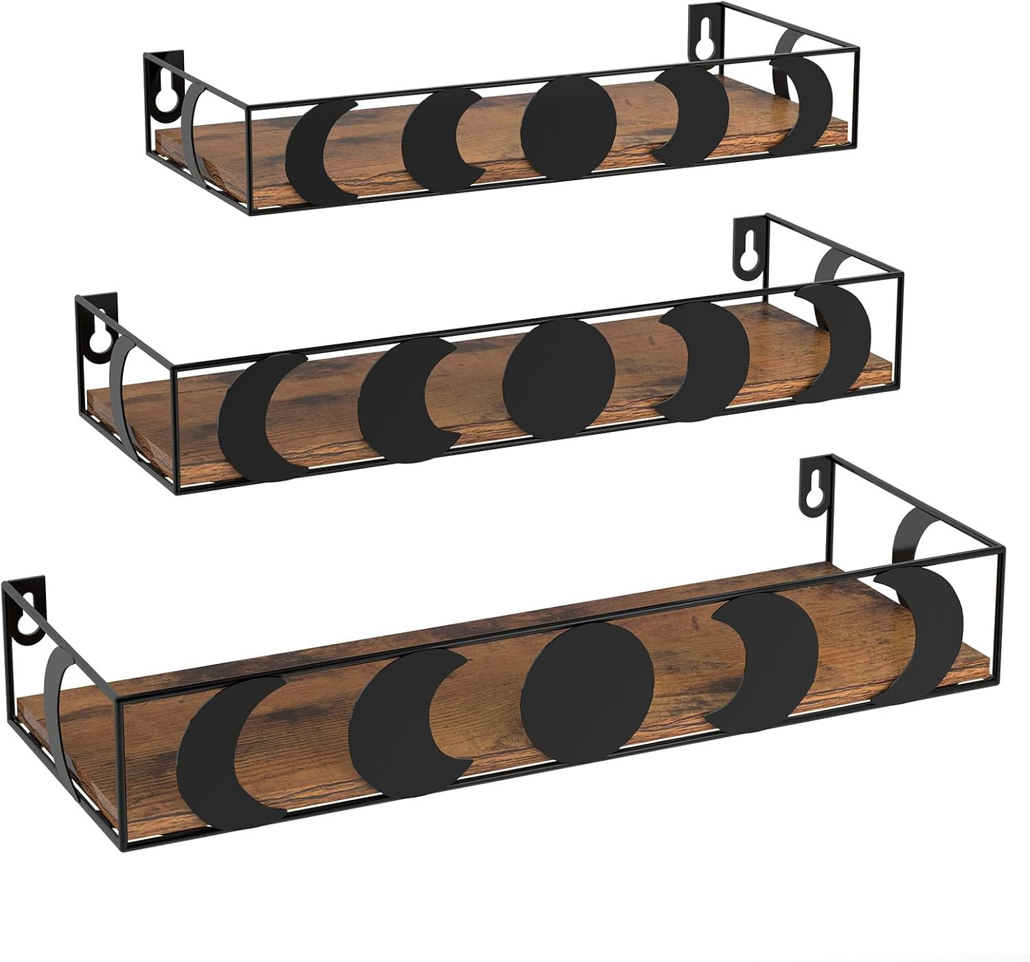 Black and Brown Moon Phase Floating Wall Shelves Set of 3 | Decorative