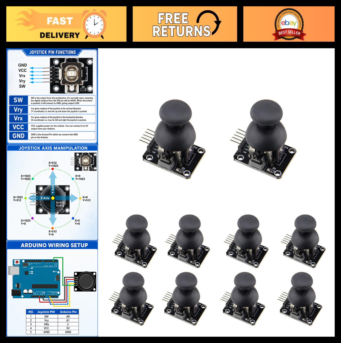 10 Pack Joystick Module Dual-Axis XY Analog Thumbstick Sensor for Arduino, Raspb
