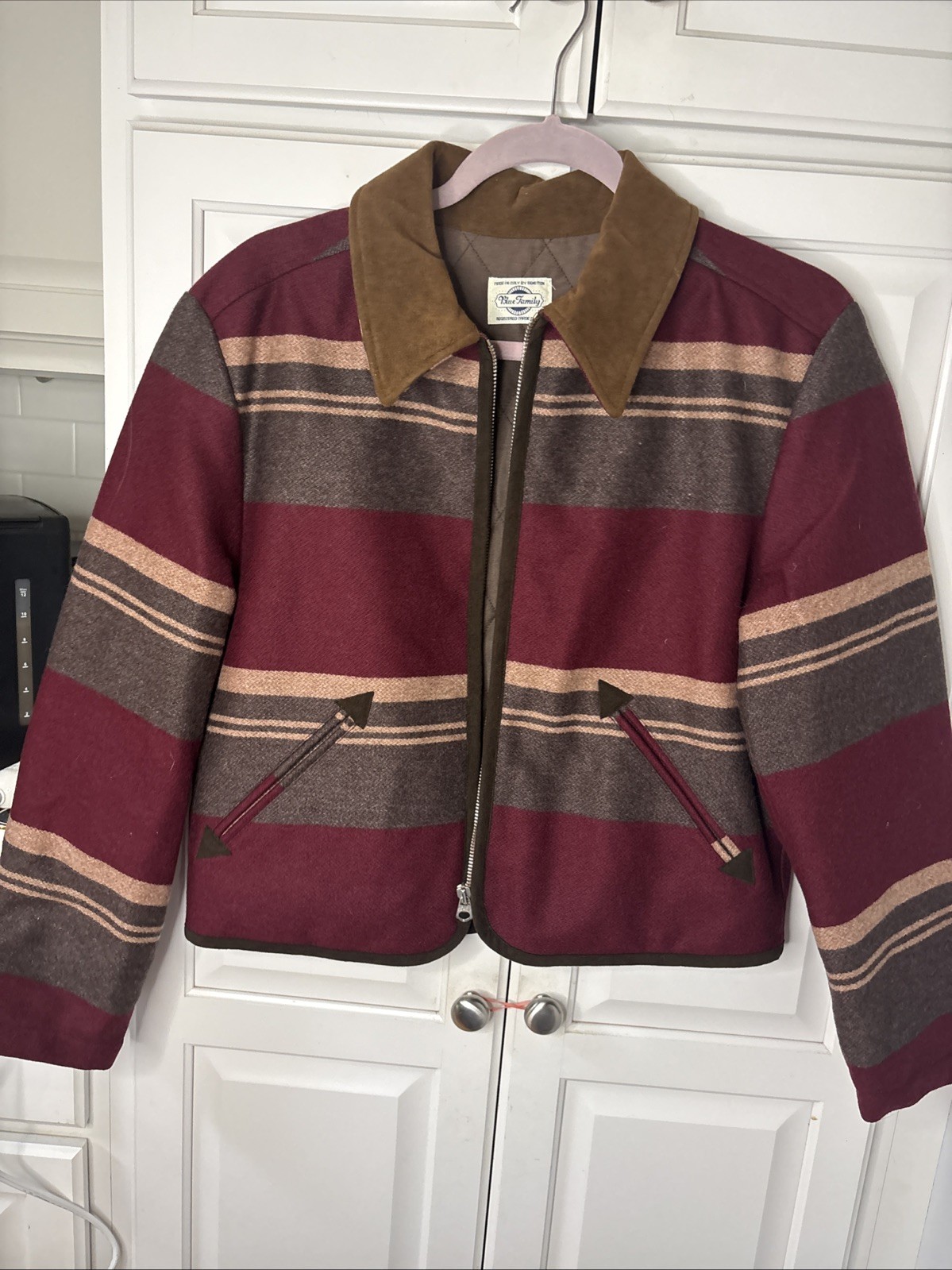 Blue Family By Benetton Checkered Fringe Wool Jacket Western Style Size 42 Italy