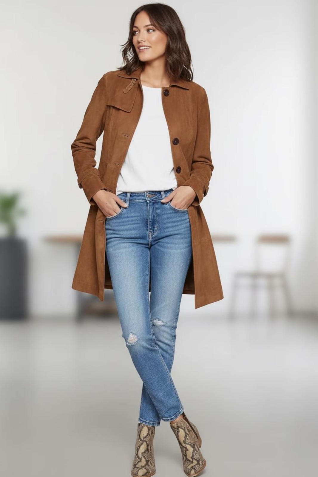 Women Genuine Soft Suede Leather Trench Coat - Casual Style Vintage Jacket