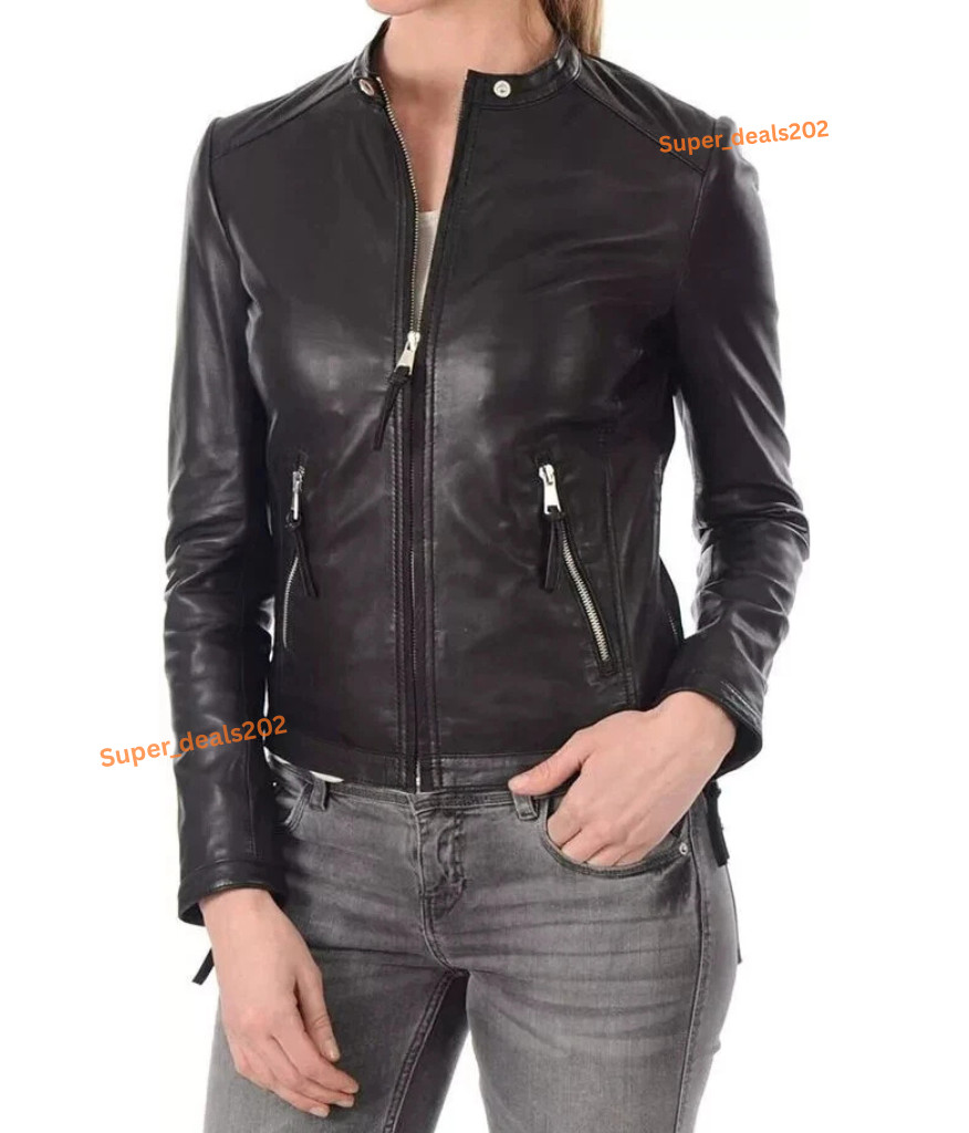 Womens Black Lambskin Leather Moto Biker Jacket Cafe Racer Zip Casual Style Wear