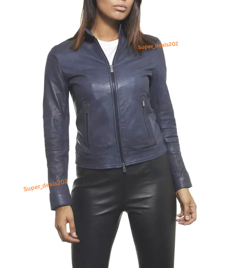 Womens Blue Lambskin Leather Motorcycle Biker Jacket Slim Fit Zip Casual Style
