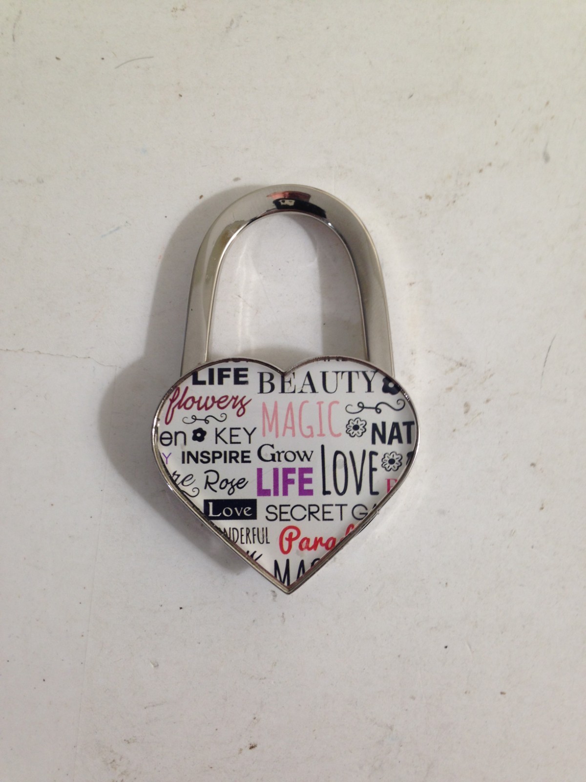 Purse Bag Hanger Hook for Table Heart shape Silver Tone With inspirational words