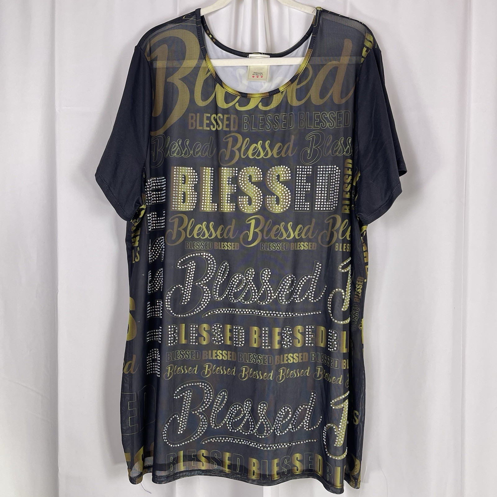 Fashion of New York Blessed Graphic Tunic Top Womens Plus 3X Gold Sequin