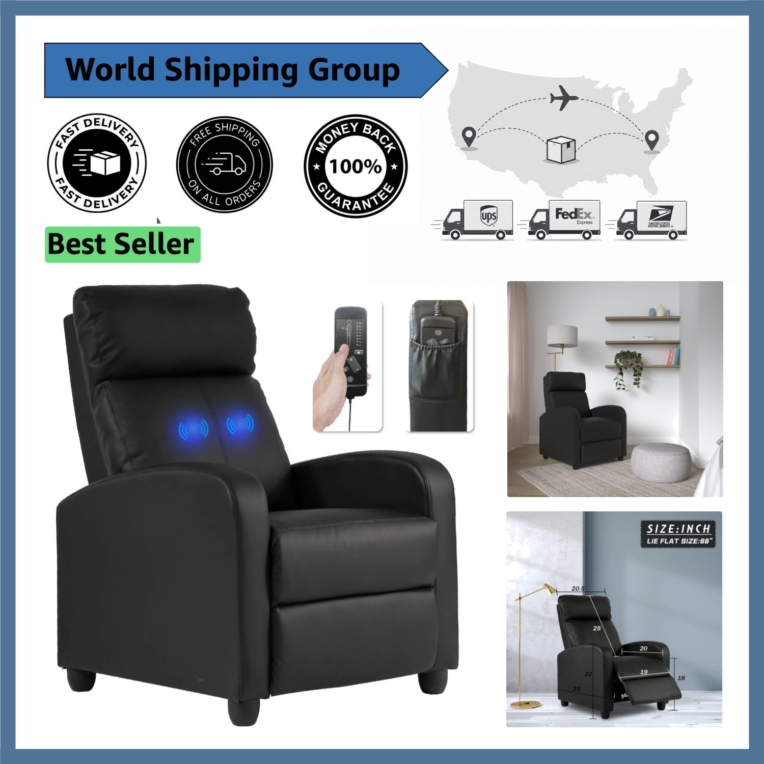 Modern Faux Leather Recliner Chair with Built-in Massage for Cozy Living Rooms