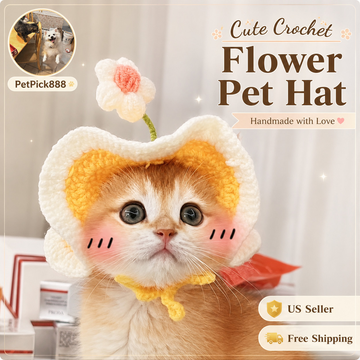 Cute Crochet Cat Dog Flower Hat Handmade Pet Bonnet Puppy Kitten Headwear Costum