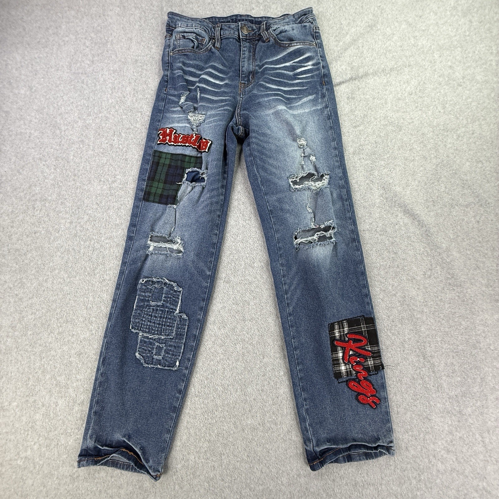 Rue 21 Premium Distressed Patch Work Jeans Womens 30x30 Embellished Black Watch