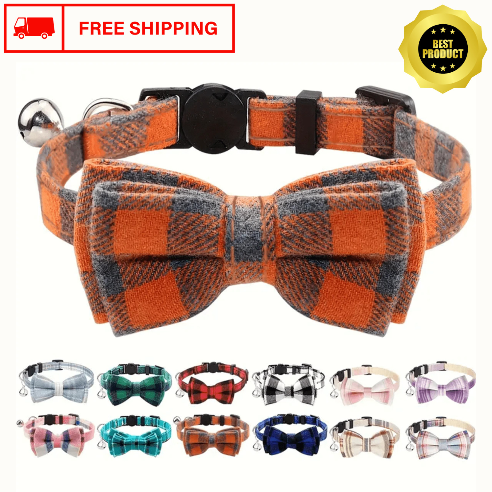 Bow-Tie Cat Collar Cute Plaid Safety Brakaway Collar Pet Adjustable Buckle Bell