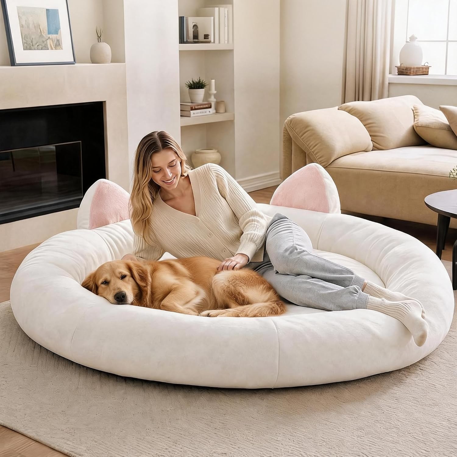 Cute XXL Round Dog Sofa Bed 52" Pet Couch Memory Foam Washable Cover Orthopedic