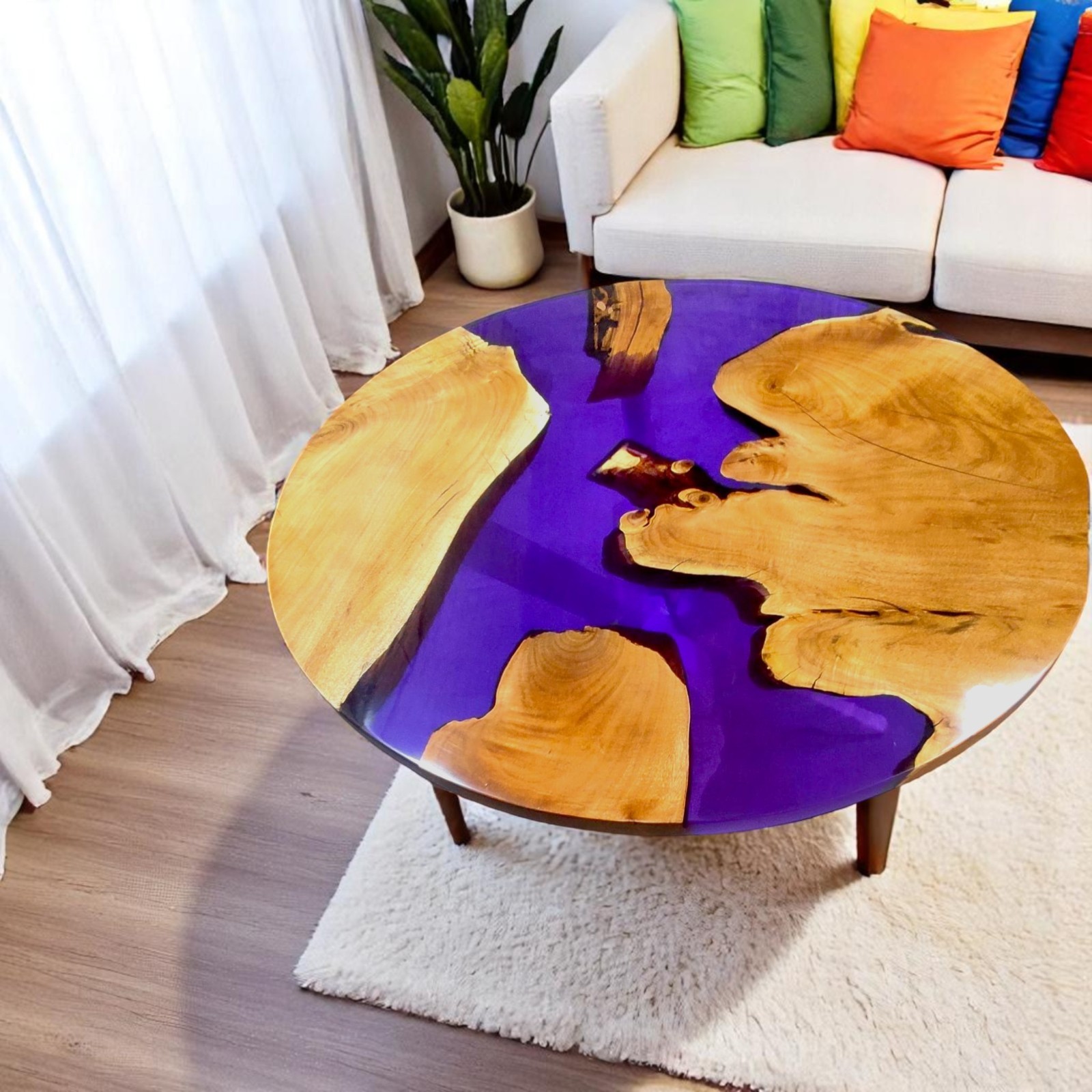 15" Purple Epoxy Round Coffee Table Acacia Wood Walnut Furniture Outdoor Decors