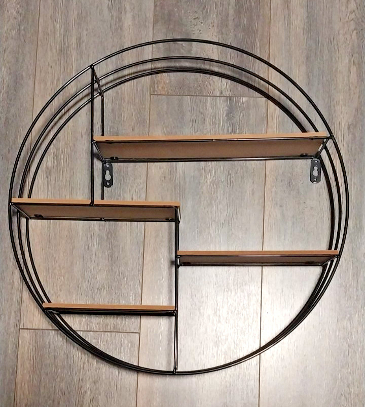 20" Round Metal & Wood Hanging Wall Shelf Geometric Decor Rustic Modern
