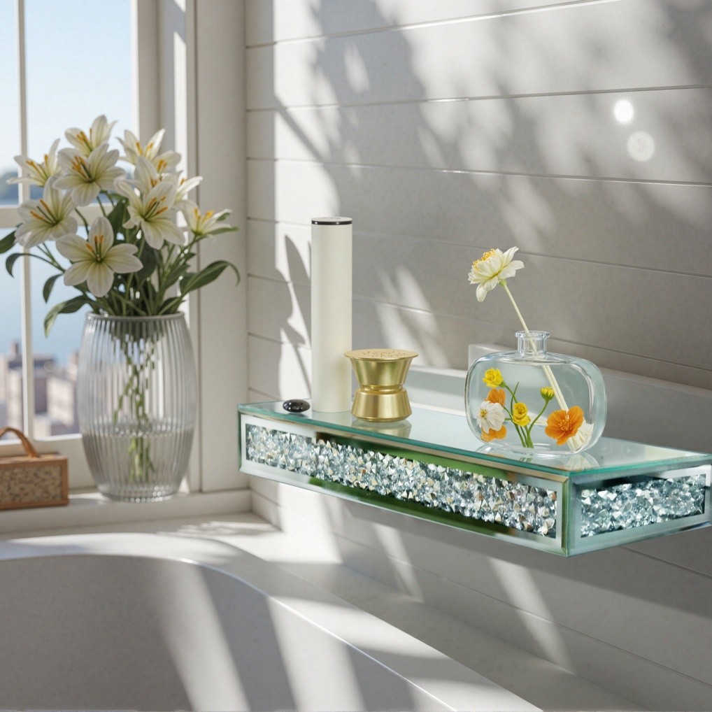 Mirrored Floating Shelve Wall Mounted Crystal Crushed Diamond Rack Home Decor