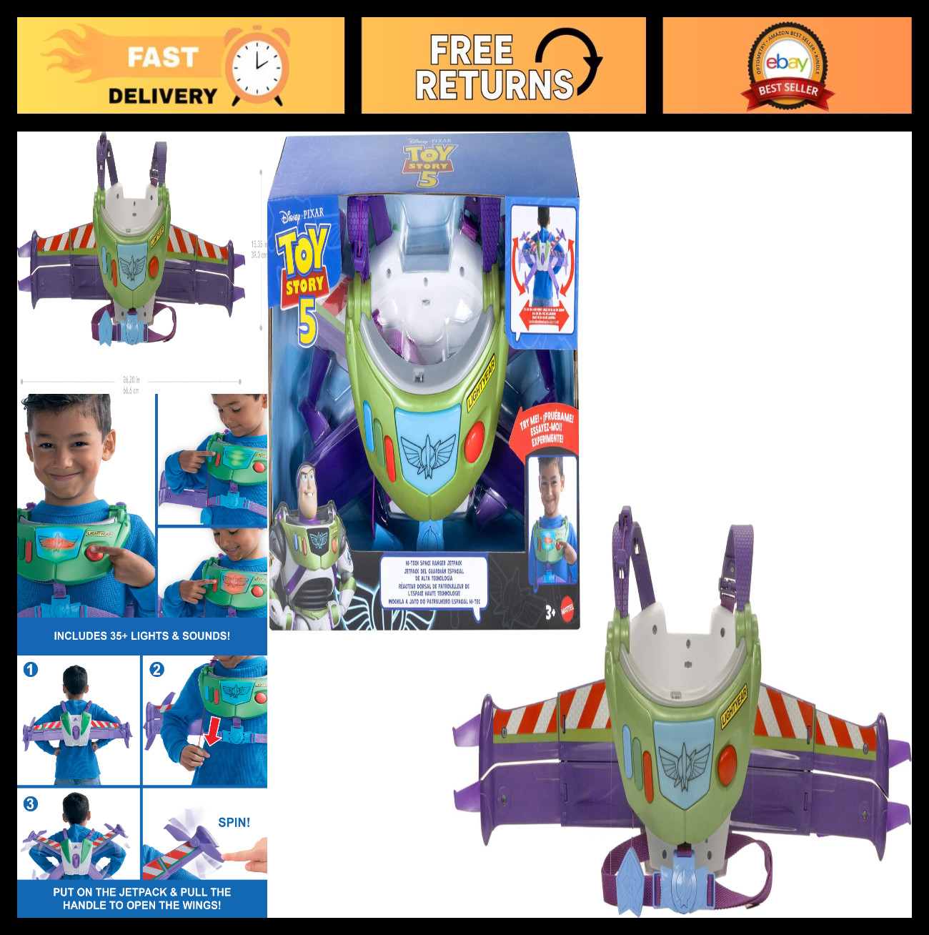 Hi-Tech Space Ranger Jetpack Toy, Kids Role Play Gear, Transforming Wings, Light