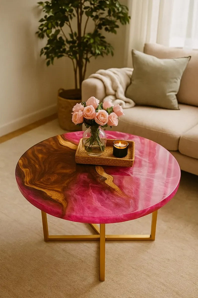 Pink Resin Round Coffee Table – Handmade Wood & Epoxy River Table – Luxury Top