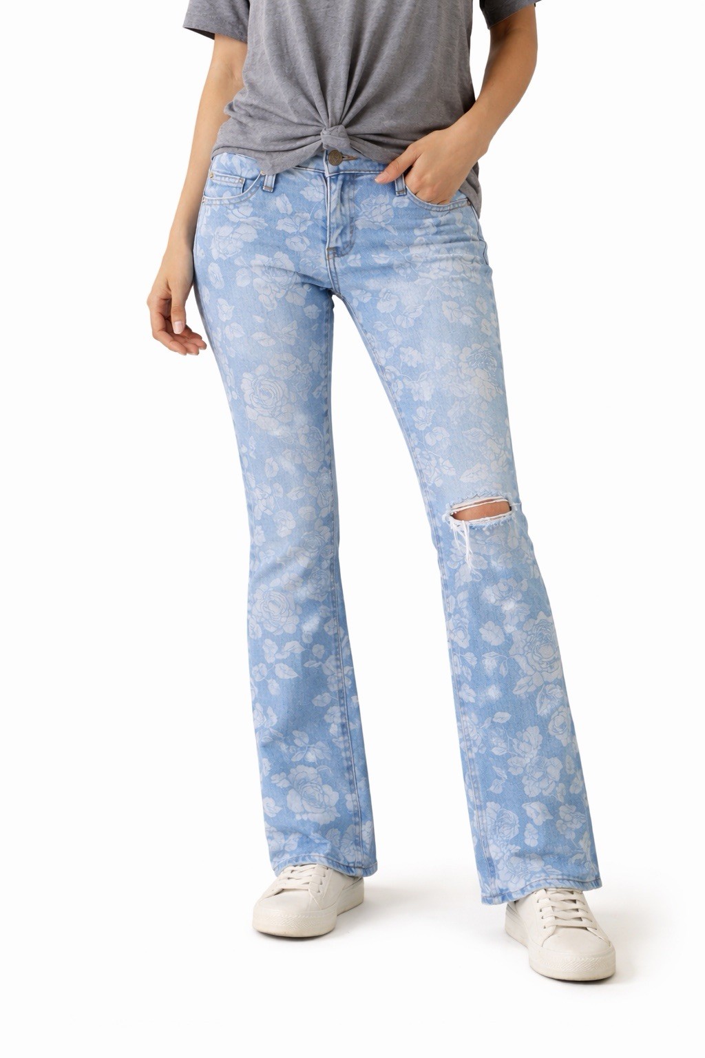 Celebrity Pink Floral Bootcut Jeans Blue Denim Distressed Knee Size 15/32
