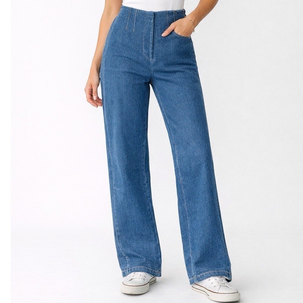 High Waisted Wide Leg Trouser Jeans Medium Wash Darted Front Denim Pants