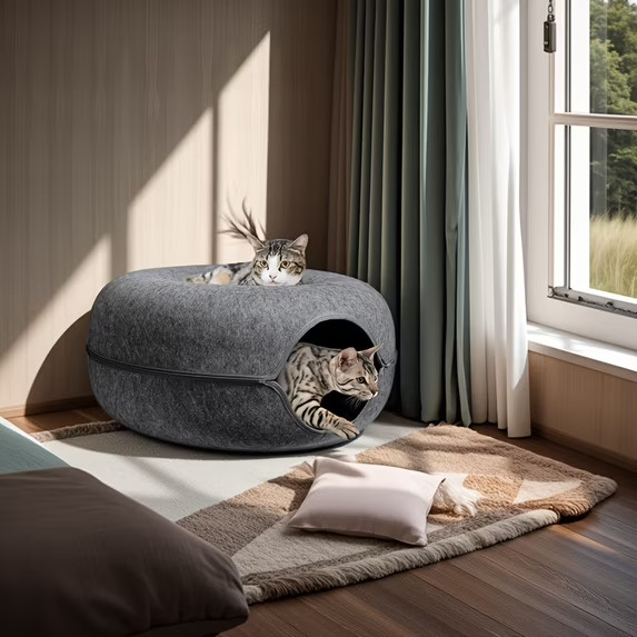 XL Cat Cave Tunnel Bed for Indoor Cats 24x24x11 Gray/Dark Gray New