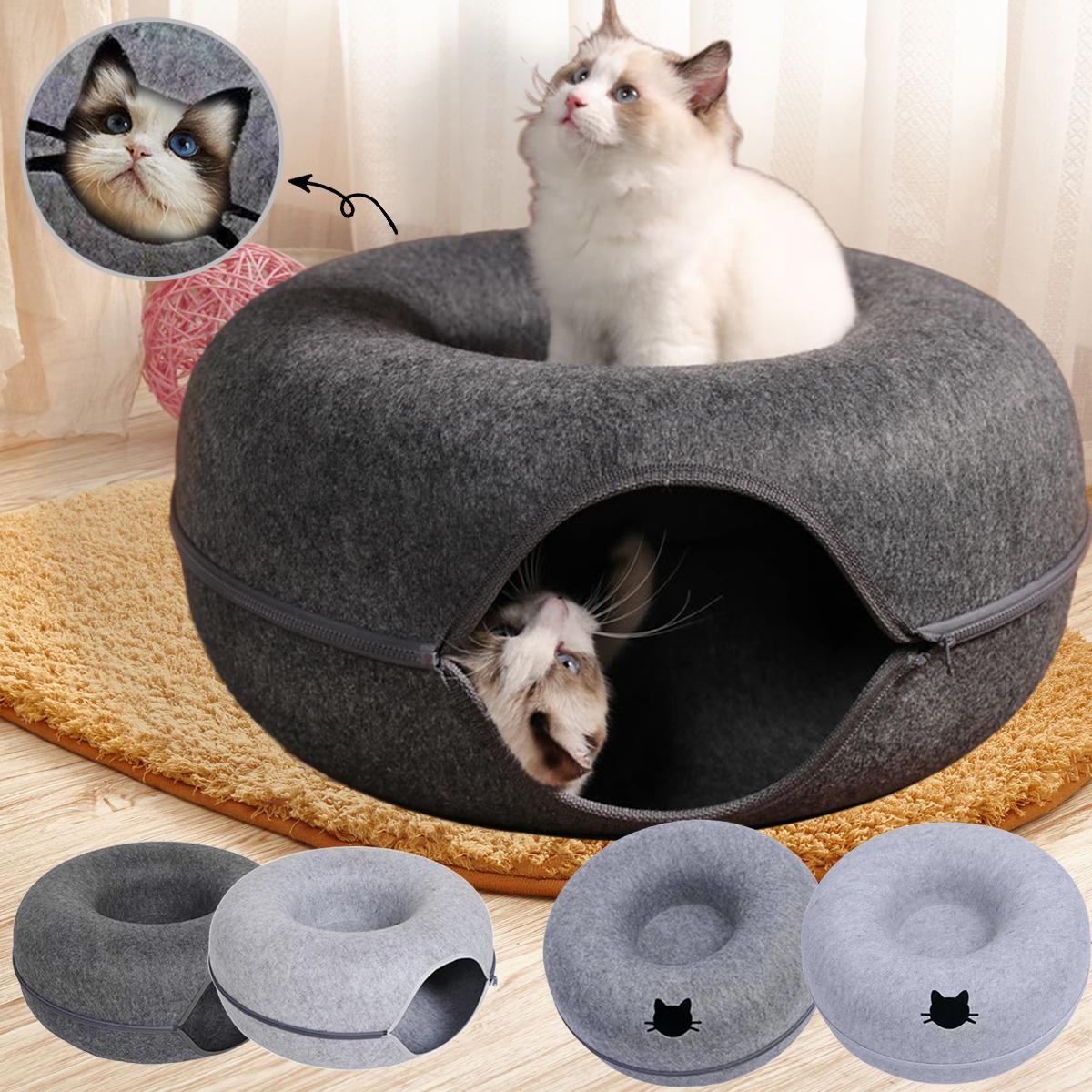 Felt Cat Donut Bed 2-in-1 Cat Tunnel House with Breather Hole Pet Bed
