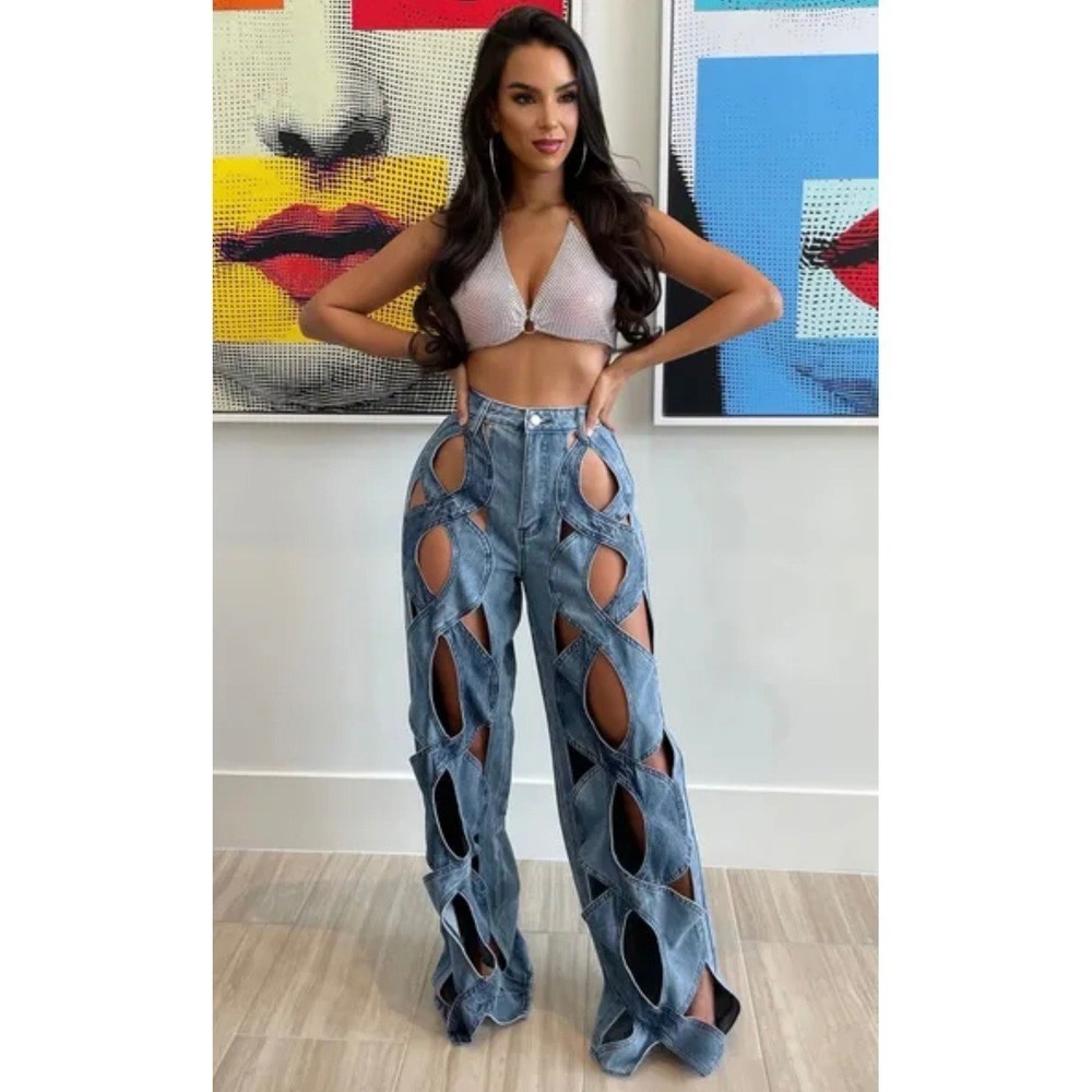 Micas Distressed Cut Out Jeans Women's Wide Leg Denim Pants Trendy Fashion S